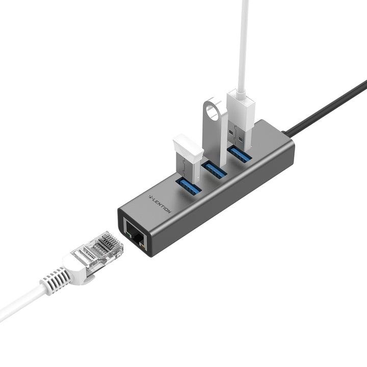 Bộ chia USB 4 trong 1 LENTION H23S với 3 cổng Type A 3.0, Gigabit Ethernet- Hàng chính hãng