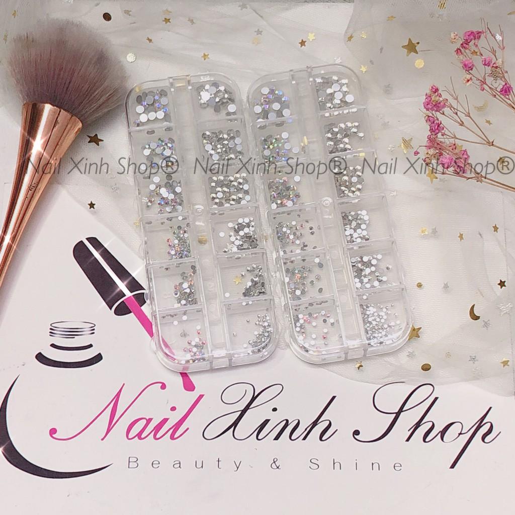 Khay nail 12 ô, phụ kiện trang trí móng tay, đá nail AB, đá chân bạc (1440 viện đá mix size/set) phụ kiện nail hot 2020