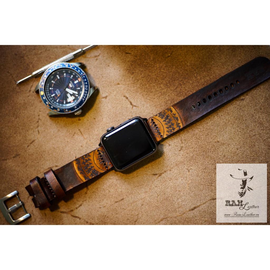 (MUA 1 ĐƯỢC 5) DÂY ĐỒNG HỒ RAM SIMPLE TRỐNG ĐỒNG DA BÒ THẬT VEGTAN MEDIUM BROWN-ĐỦ SIZE 18MM , 20MM , 22MM ,APPLE WATCH