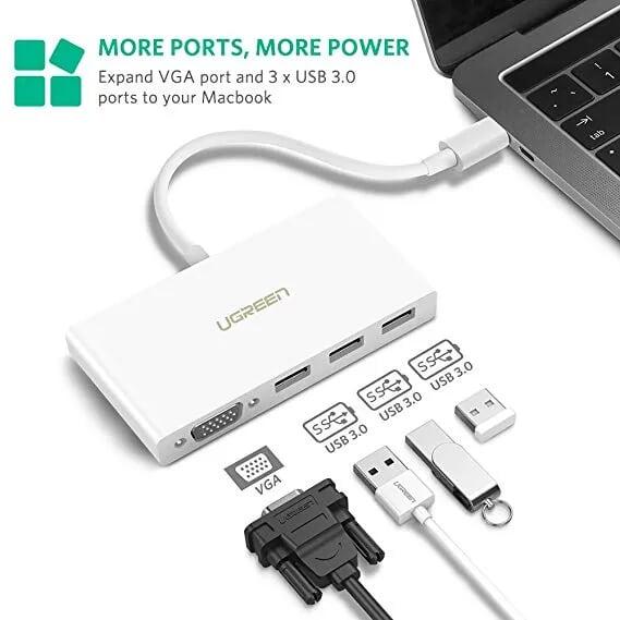 Ugreen UG40375MM133TK 15CM màu Trắng Bộ chuyển đổi TYPE C sang 3 USB 3.0 + VGA bọc nhựa ABS - HÀNG CHÍNH HÃNG