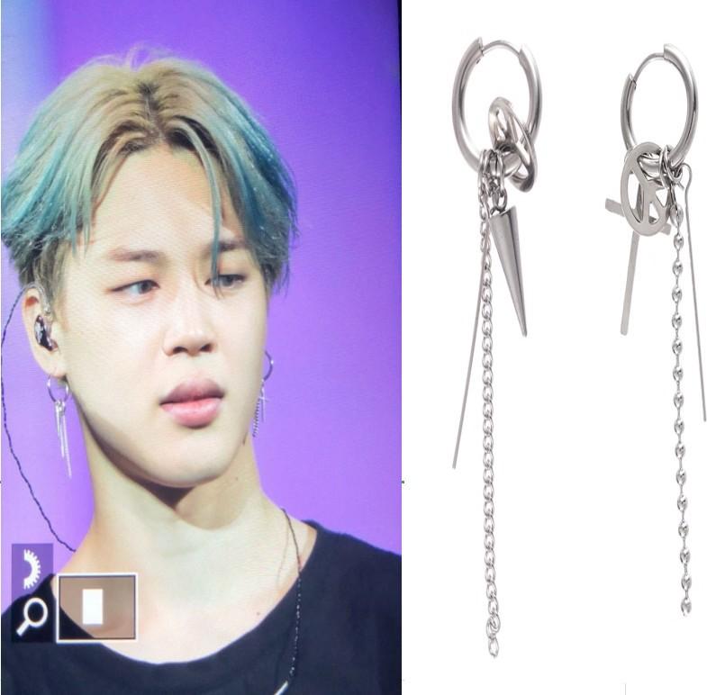 Bông tai nam mix biểu tượng hòa bình, đinh nhọn thả xích dài phong cách, cá tính