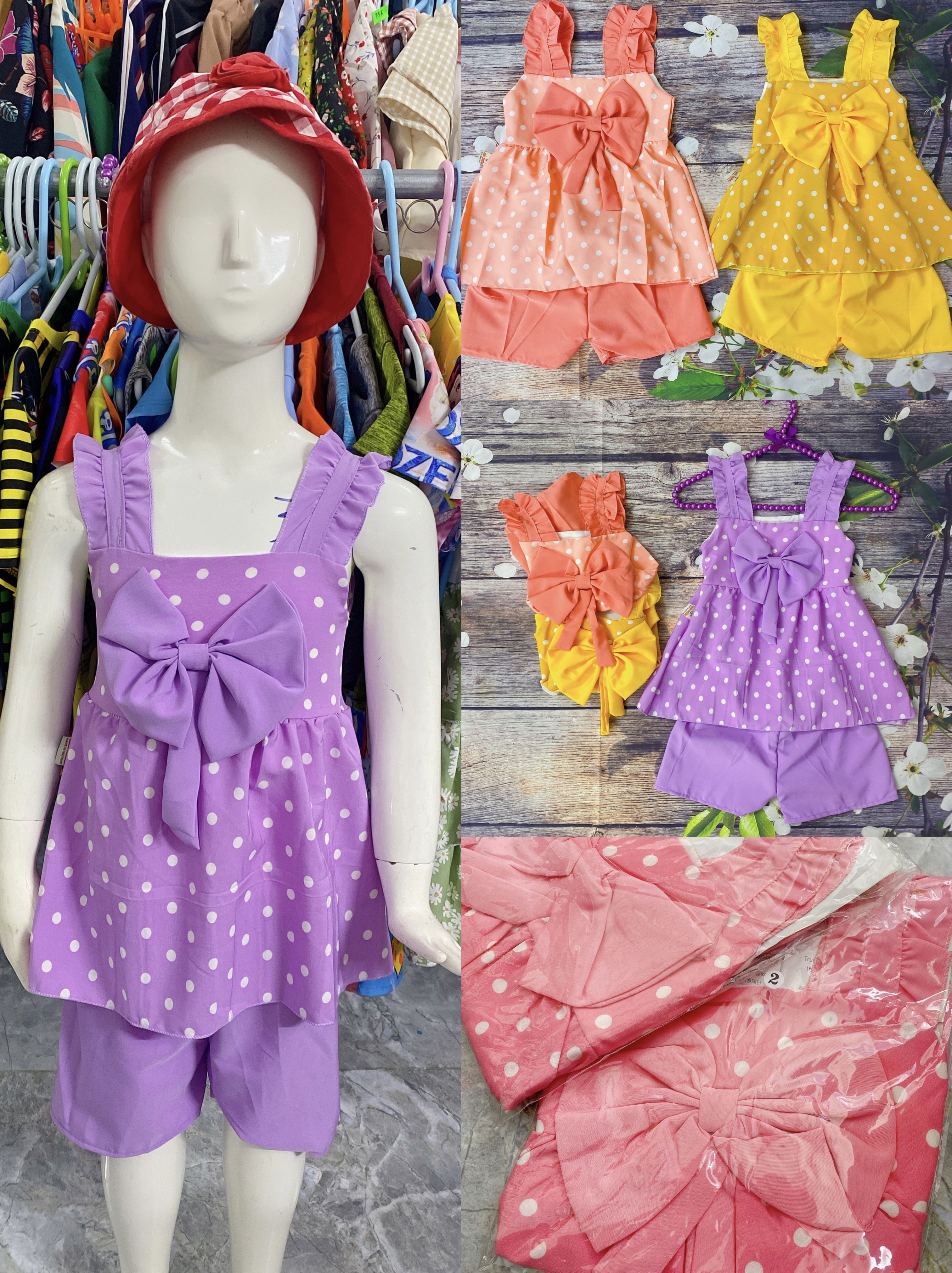 Bộ Bé Gái Size 6,5-15Kg,4 Tháng->3 Tuổi Chấm Bi Đính Nơ To, Áo Quần Bé Gái Dễ Thương Vải Voan