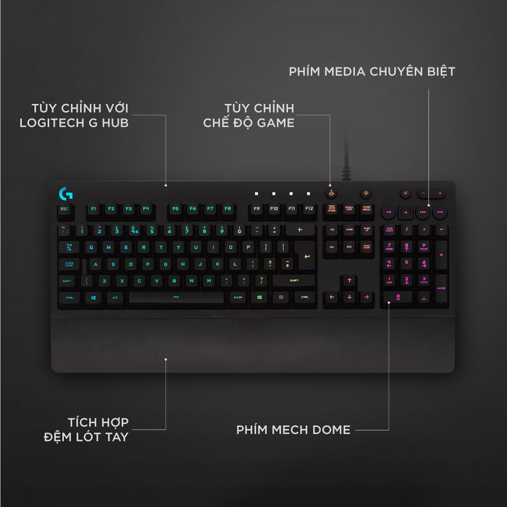 Bàn phím game có dây Logitech G213 Prodigy - RGB Lightsync, phím Media chuyên biệt, chống tràn bền bỉ -Hàng Chính Hãng