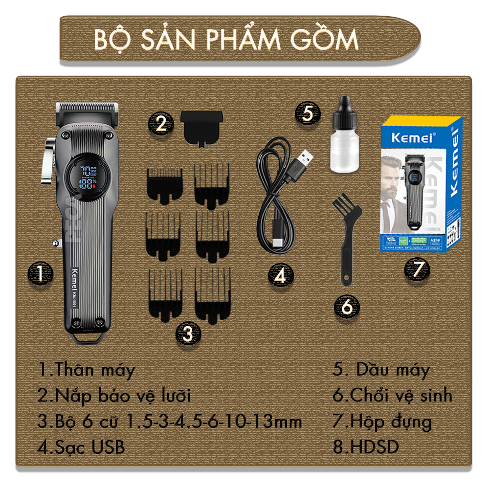Tông đơ cắt tóc chuyên nghiệp Kemei KM-1551 công suất mạnh 5W màn hình LCD sạc nhanh USB type C tiện lợi - Chính hãng