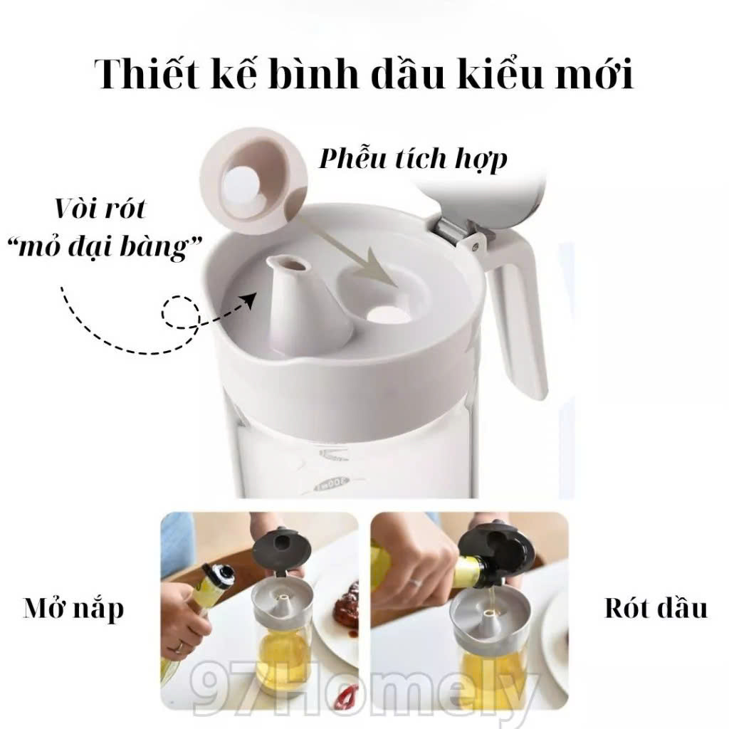 Bình Thủy Tinh Rót Dầu Ăn/Nước Mắm Có Vòi &amp; Phễu Tích Hợp – Dung Tích 500ml – Chai Đựng Gia Vị Thông Minh, Chịu Nhiệt, Có Vạch Chia- HÀNG CHÍNH HÃNG MINIIN