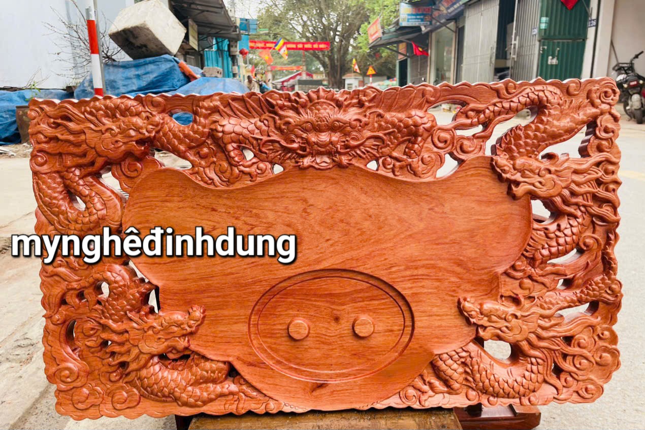 Khay ngũ long để bộ ấm chén bằng gỗ  hương đá kt 38x68x3.5cm