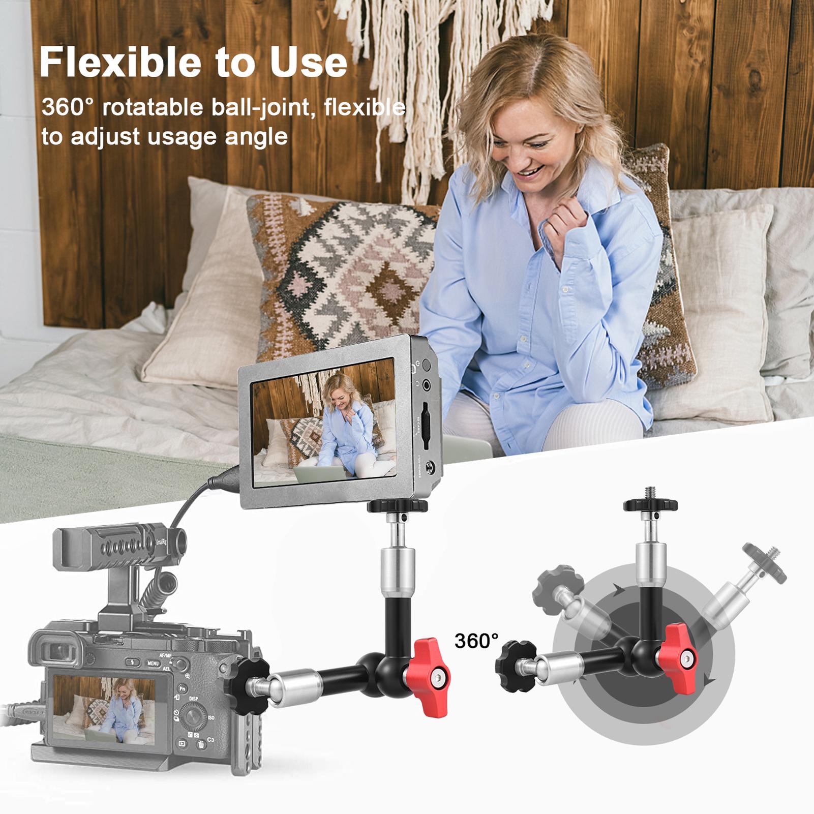 7 Inch Adjustable Articulating Friction Magic Arm Flexible Extension Bracket Aluminum Alloy with Dual 1/4 Inch Screw 360° Rotatable for Video Monitor LED Light Flash