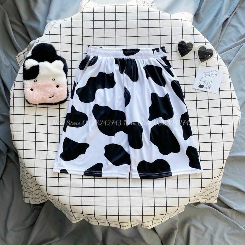 Set Bộ Thun In Hình Bò Sữa Tay Lỡ Kèm Quần Short Unisex Siêu Hot Hit