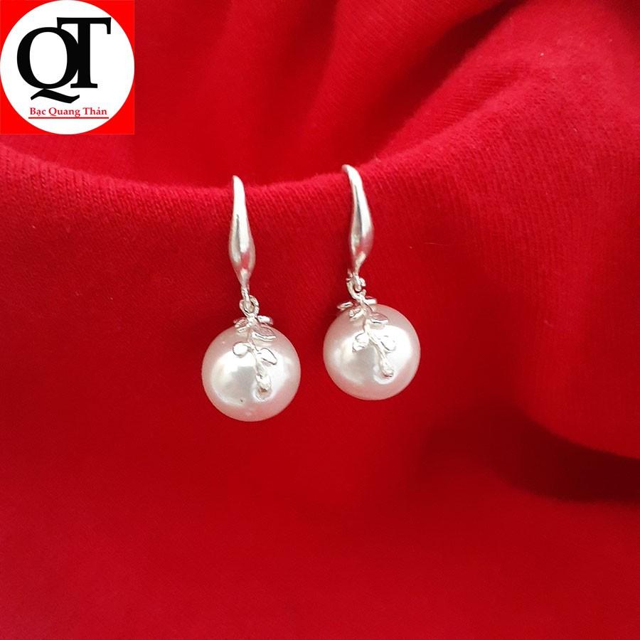 Bông tai bạc nữ ngọc nhân tạo màu trắng size 10ly  giáng dài 100% chất liệu bạc thật Bạc Quang Thản - QTBT21