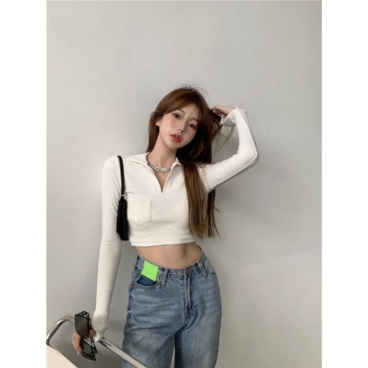 Áo Croptop Nữ Dài Tay Cổ Bẻ Túi Ngực Trơn