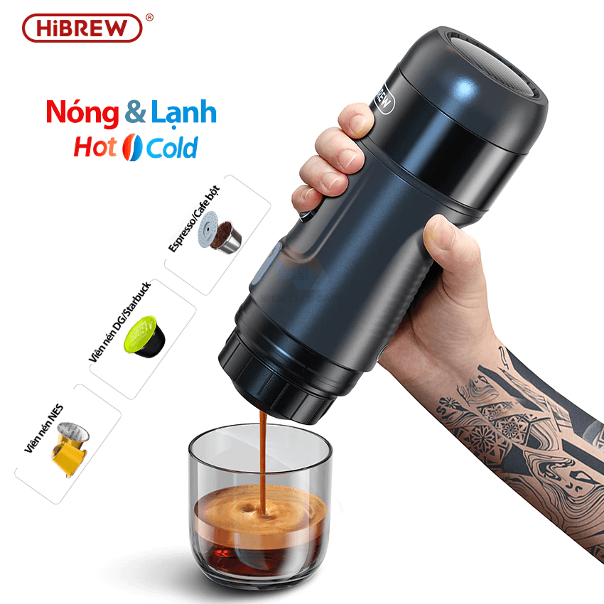 Máy pha cà phê mini HiBREW H4A cầm tay 3 trong 1 sử dụng mọi nơi, pha cafe espresso, cà phê viên nén, nóng và lạnh, hàng chính hãng