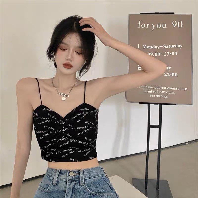 M196. Áo 2 dây có mút ngực croptop in chữ cá tính, áo kiểu nữ đẹp sang chảnh 2023