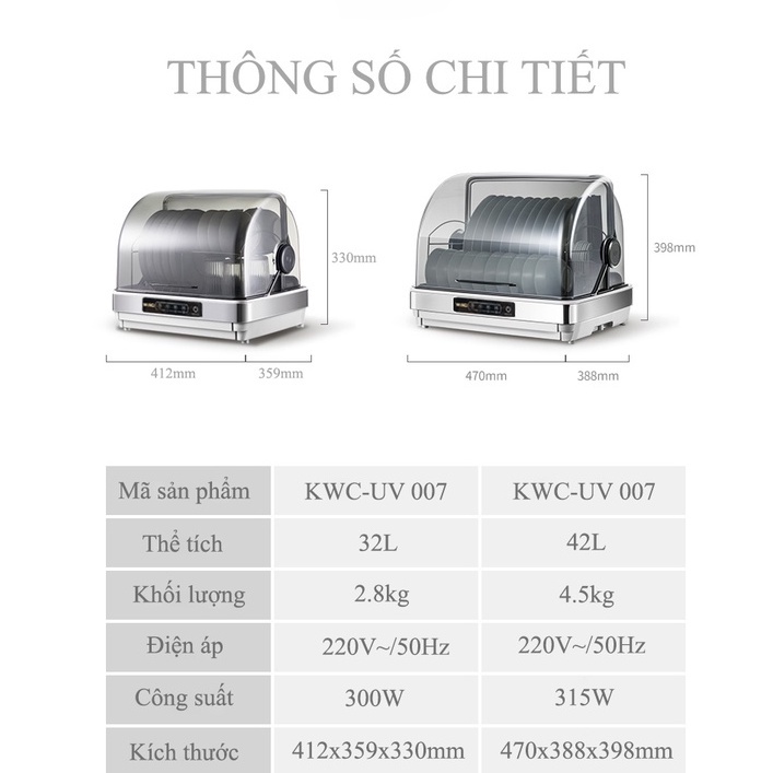 Máy Sấy Chén Bát Đĩa Khử Khuẩn Bằng Tia UV Winci KWC-UV007, Tủ Sấy Bát Đĩa Gia Đình Cao Cấp 32L/42L Thương Hiệu Italia - Hàng Chính Hãng