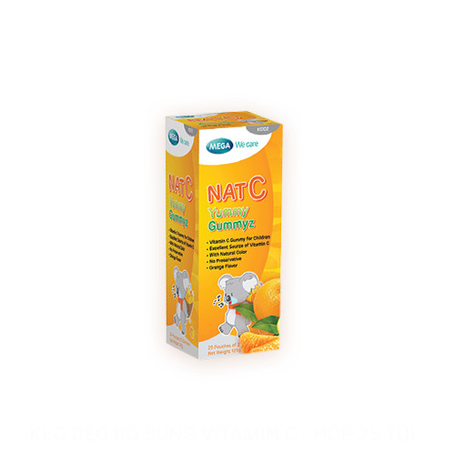 Kẹo dẻo Vitamin C vị cam, tăng đề kháng, giảm cảm cúm, sáng da NAT C YUMMY GUMMYZ (Hộp 25 gói x 2 viên) (Hộp 50 viên)