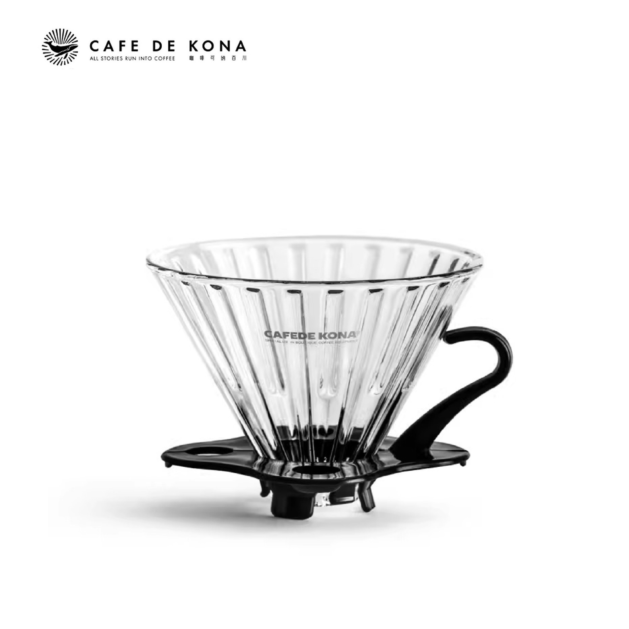 Phễu thuỷ tinh V60 rãnh thẵng đế nhựa đen CAFE DE KONA