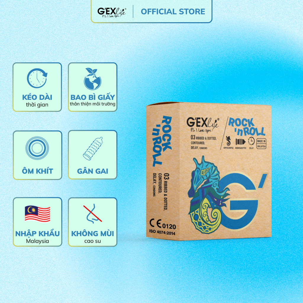 Bộ 2 Hộp Bao Cao Su RocknRoll G'EXlife Hộp 3 Bao Gân Gai Kéo Dài Thời Gian Quan Hệ