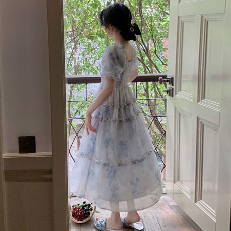 TOBE1SHOP Váy màu hồng nàng tiên Pháp ren Bouffant váy công chúa váy bánh váy lưới nàng tiên thắt lưng đầm