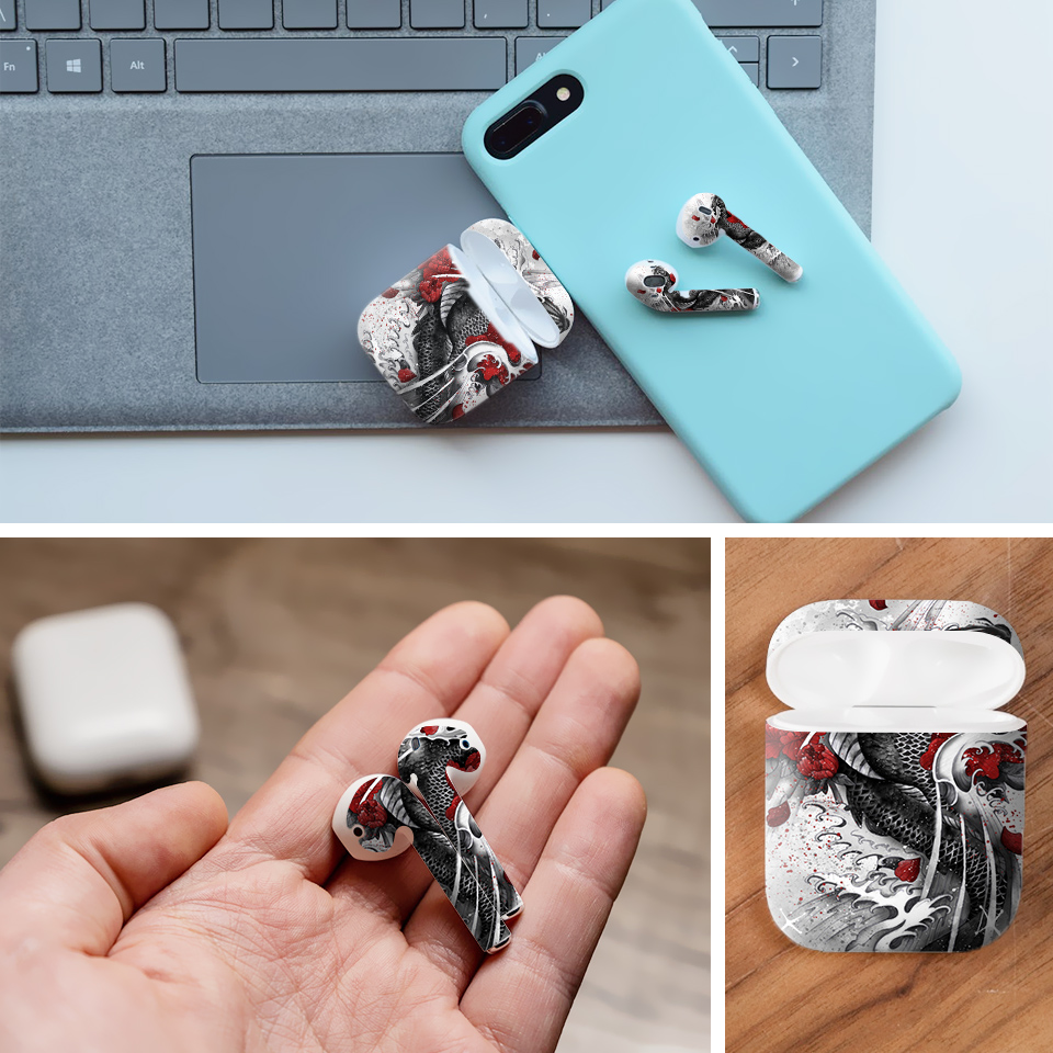 Miếng dán skin chống bẩn cho tai nghe AirPods in hình Cá chép đen (bản không dây 1 và 2)