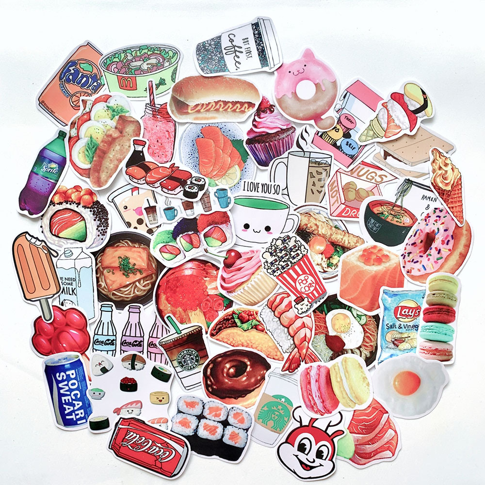 Bộ 50 Sticker Food Chủ Đề Món Ăn Uống (2020) Hình Dán Chống Nước Decal Chất Lượng Cao Trang Trí Va Li Du Lịch, Xe Đạp, Xe Máy, Laptop, Nón Bảo Hiểm, Máy Tính Học Sinh, Tủ Quần Áo, Nắp Lưng Điện Thoại