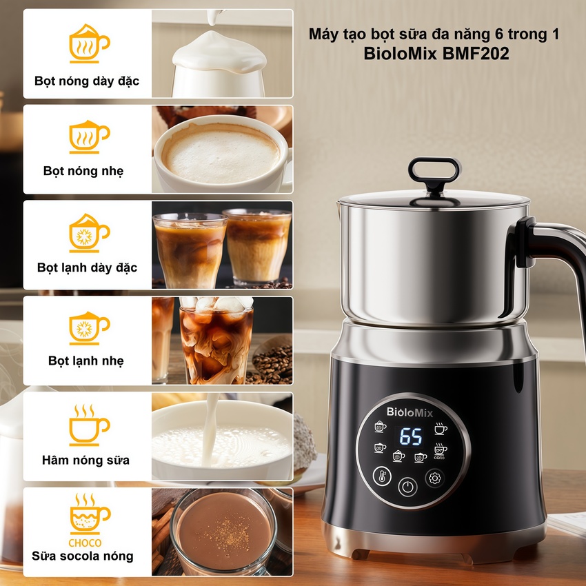 Máy tạo bọt sữa đa năng chuyên nghiệp 6 trong 1 thương hiệu Mỹ cao cấp Biolomix BMF202 - Hàng nhập khẩu