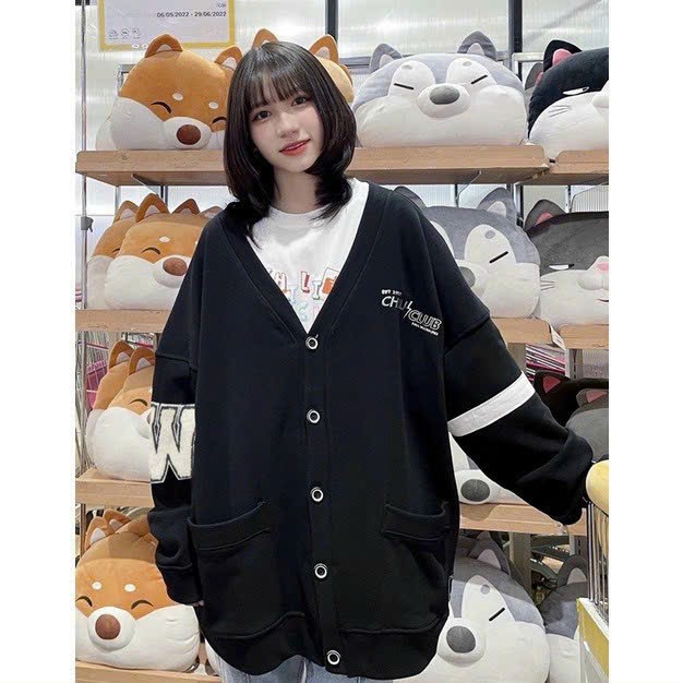 Hình ảnh Áo Khoác Cardigan CHILICLUB ( Đen) Hoạ Tiết Sọc, Áo Cardigan Mùa Hè siêu cá tính cực hot Chống Nắng Form Rộng Thêu Chữ siêu dễ thương