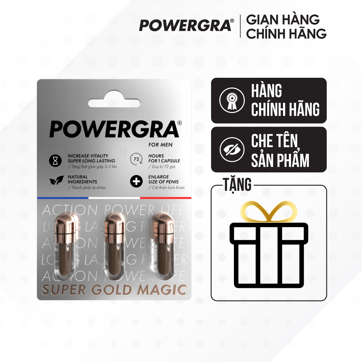 [Vỉ 3 viên] Viên uống tăng cường sinh lý nam giới Powergra For Men (Super Gold Magic) kèm quà tặng