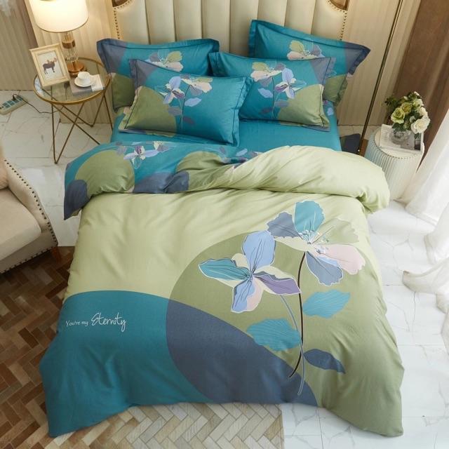 Set Cotton Organic 100%cotton Hàng Nhập Khẩu Cao Cấp 4 Món Hoạ Tiết Hoa Sang Trọng Tông Xanh