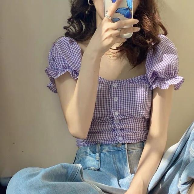  Áo caro croptop tay bồng phong cách Ulzzang Hàn Quốc