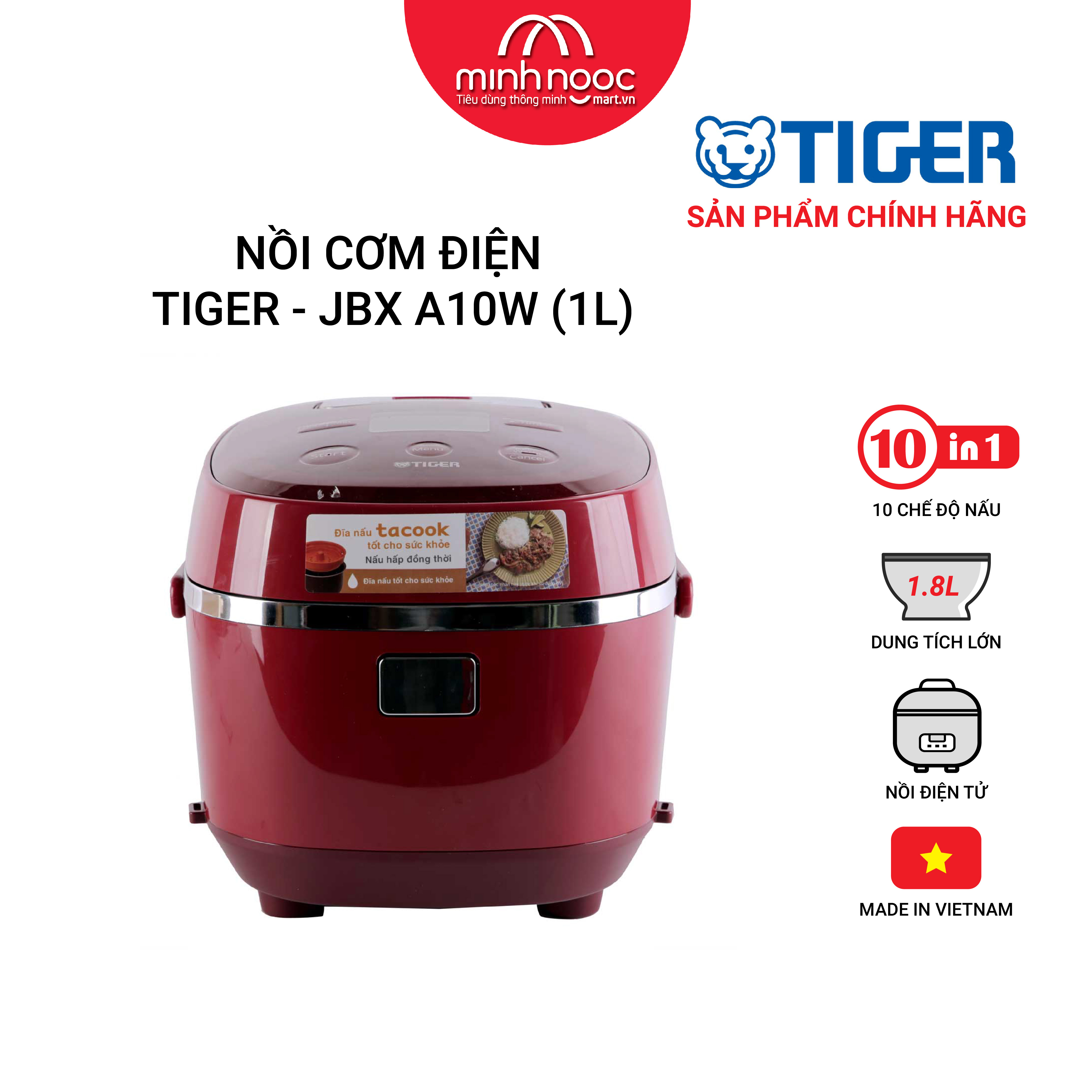 HÀNG CHÍNH HÃNG: Nồi cơm điện Tiger dung tích 1.0l JBX-A10W màu đỏ
