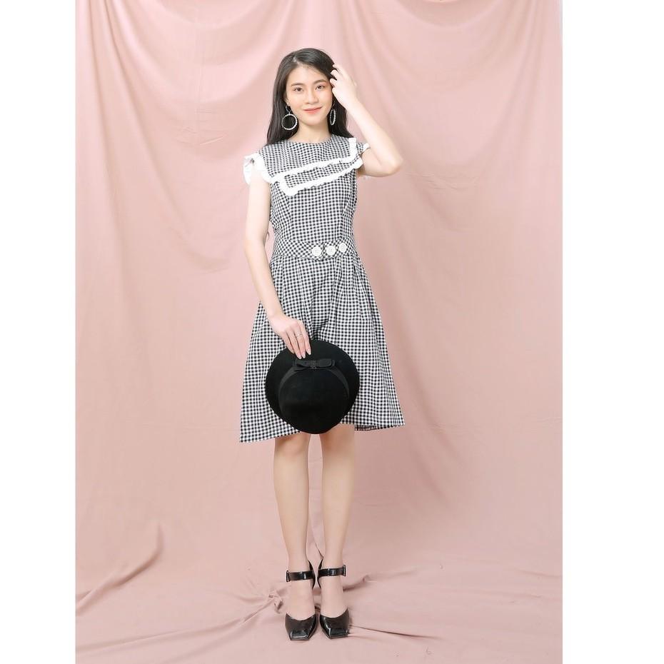 Đầm kiểu nữ sát nách kẻ caro dây lưng eo - Váy nữ cổ hải quân dáng xòe TK FASHION DK906