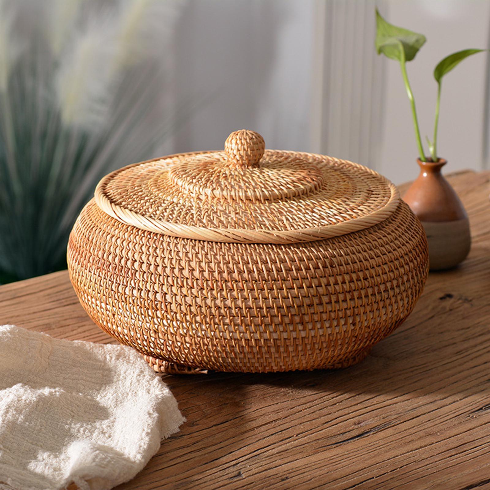 Rattan Box Storage Tray Woven Basket with Lid Bins for Picnics