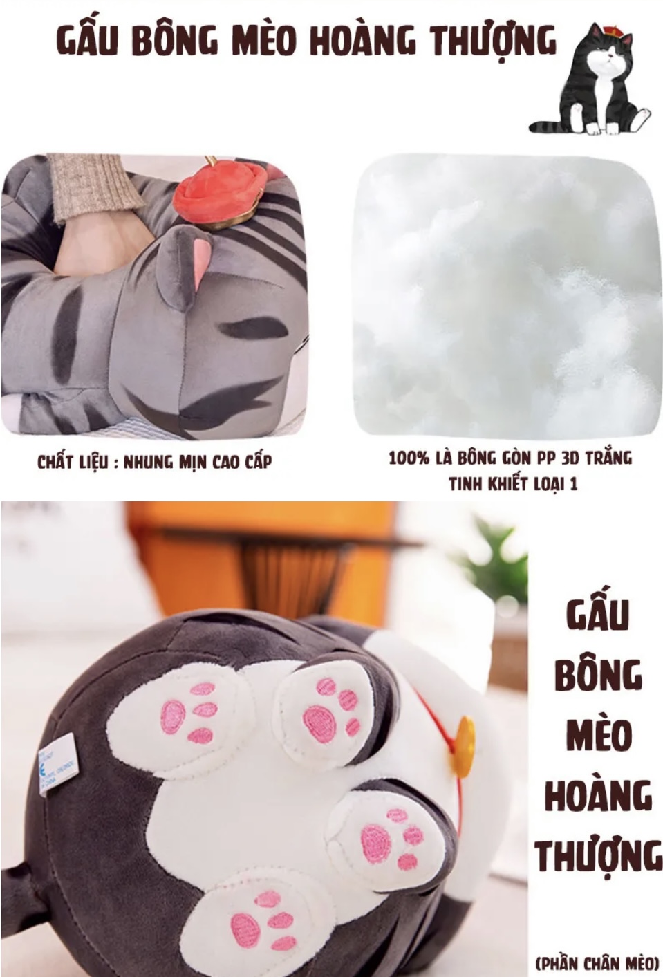 Gấu bông mèo hoàng thượng – Quà tặng thú nhồi bông mèo mặt quạu siêu dễ thương – Size từ 25 đến 60 cm – Gối ôm cho bé ngủ ngon