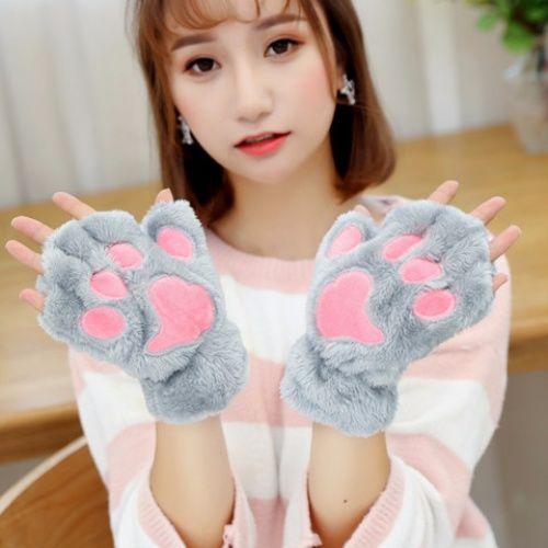 Con mèo dễ thương paw lông mịn móng tay không ngón tay ấm áp nhẹ bằng ngón tay găng tay găng tay nửa ngón tay phụ nữ mùa đông mặc quà tặng Giáng sinh Color: White-B Size: One Size