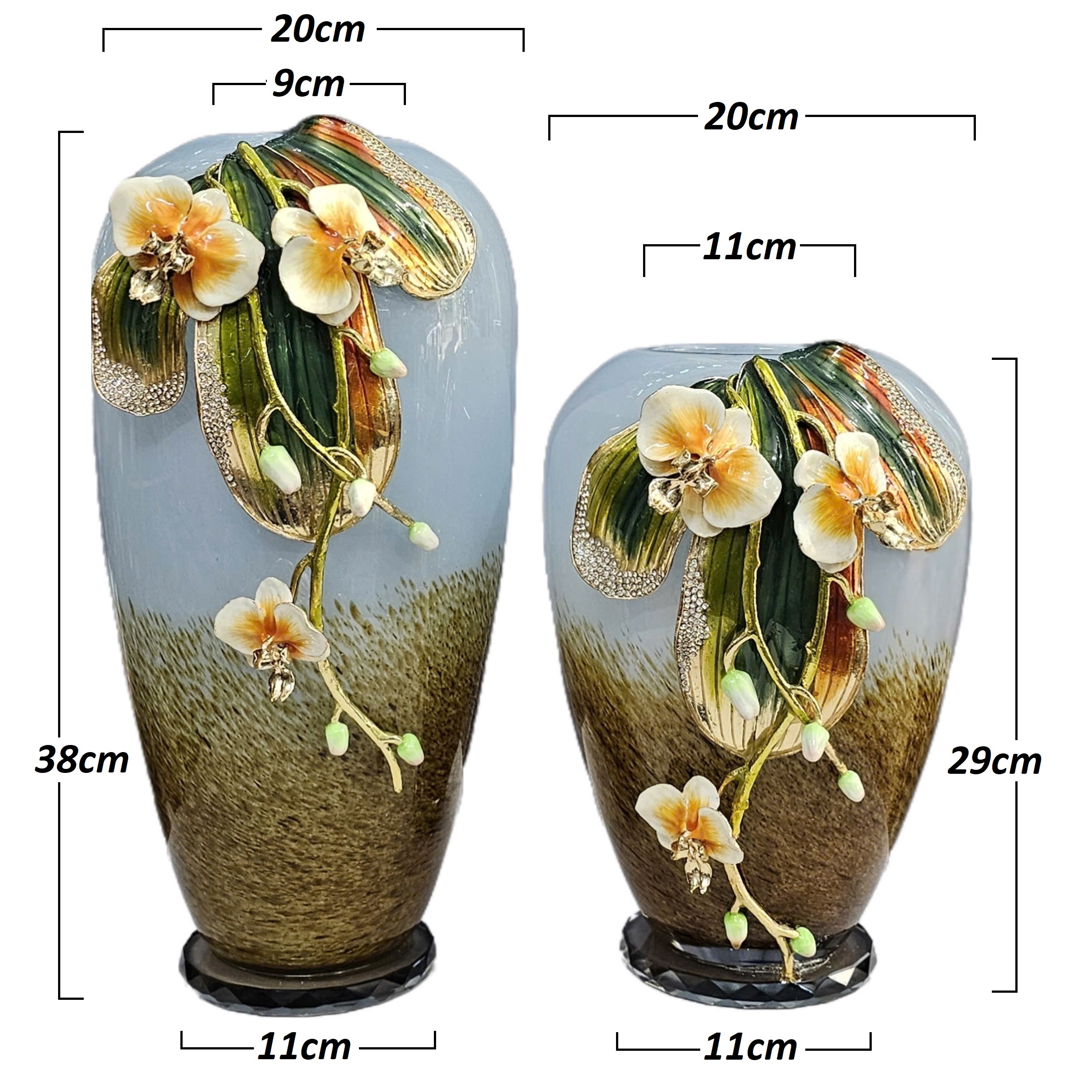 Bình cắm hoa trang trí màu xanh ngọc thủy tinh tráng men Đính hoa bằng đồng phủ bóng