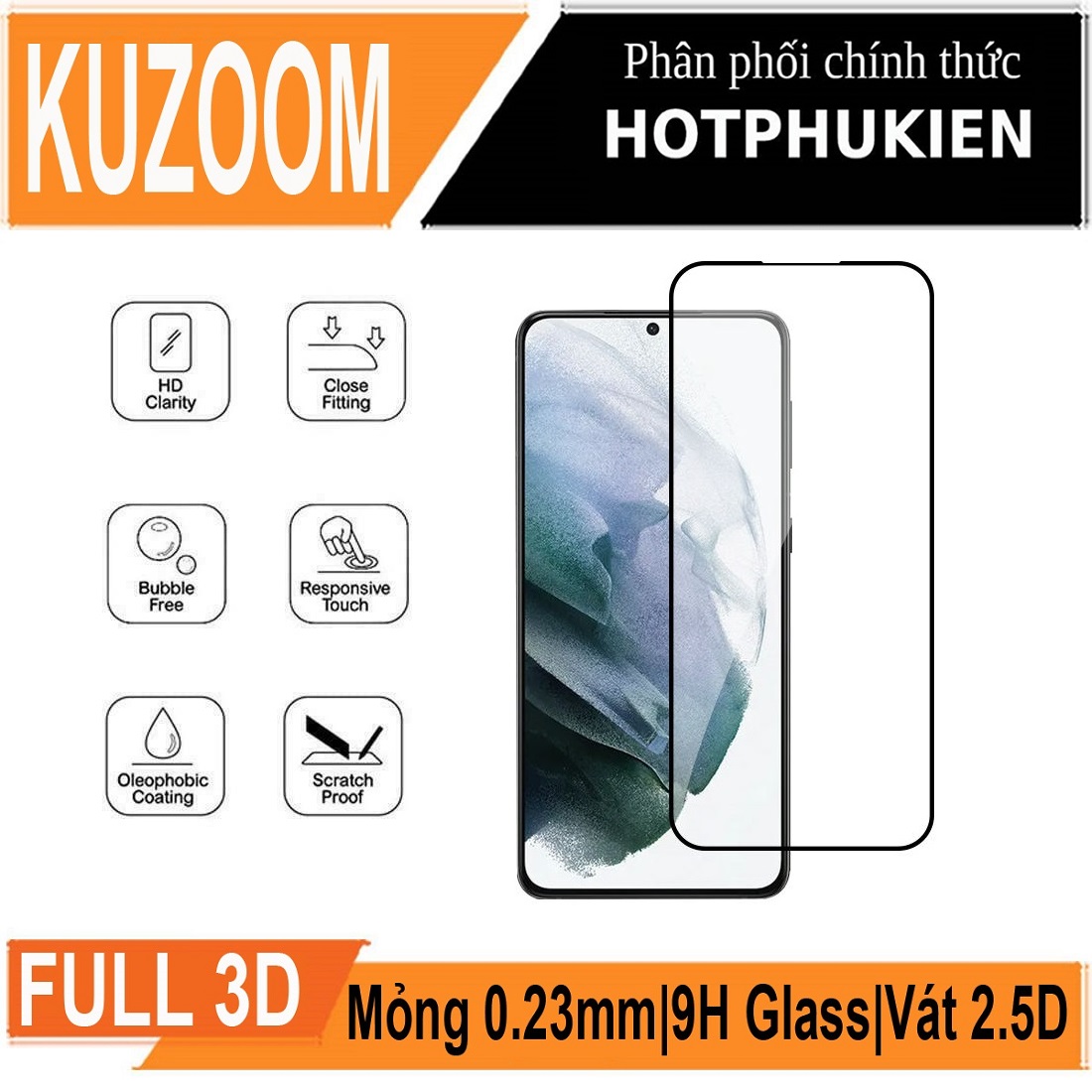 Miếng dán kính cường lực 3D cho Samsung Galaxy S21 / Galaxy S21 Ultra / Galaxy S21 Plus / Galaxy S21+ hiệu Kuzoom Protective Glass - mỏng 0.3mm, vát cạnh 2.5D, độ cứng 9H, viền cứng mỏng - Hàng nhập khẩu