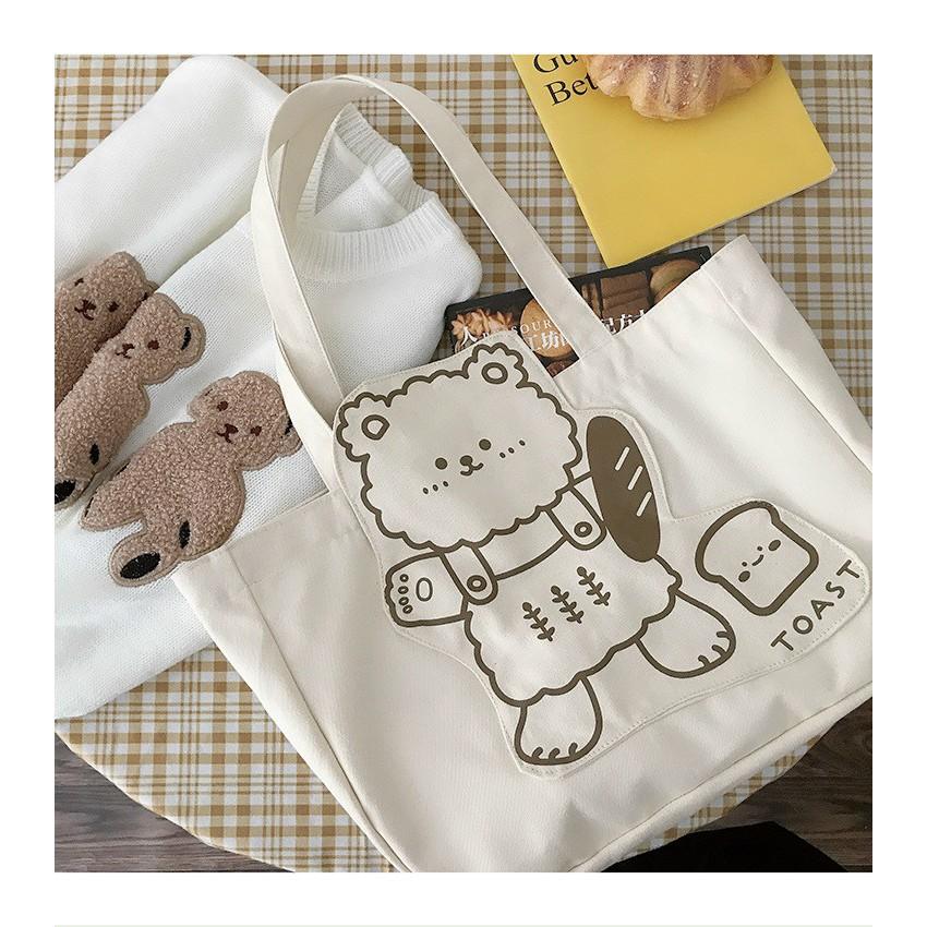 Hình ảnh Túi vải canvas, túi tote đeo vai cỡ lớn hình con gấu bánh mì có khóa kéo và túi con