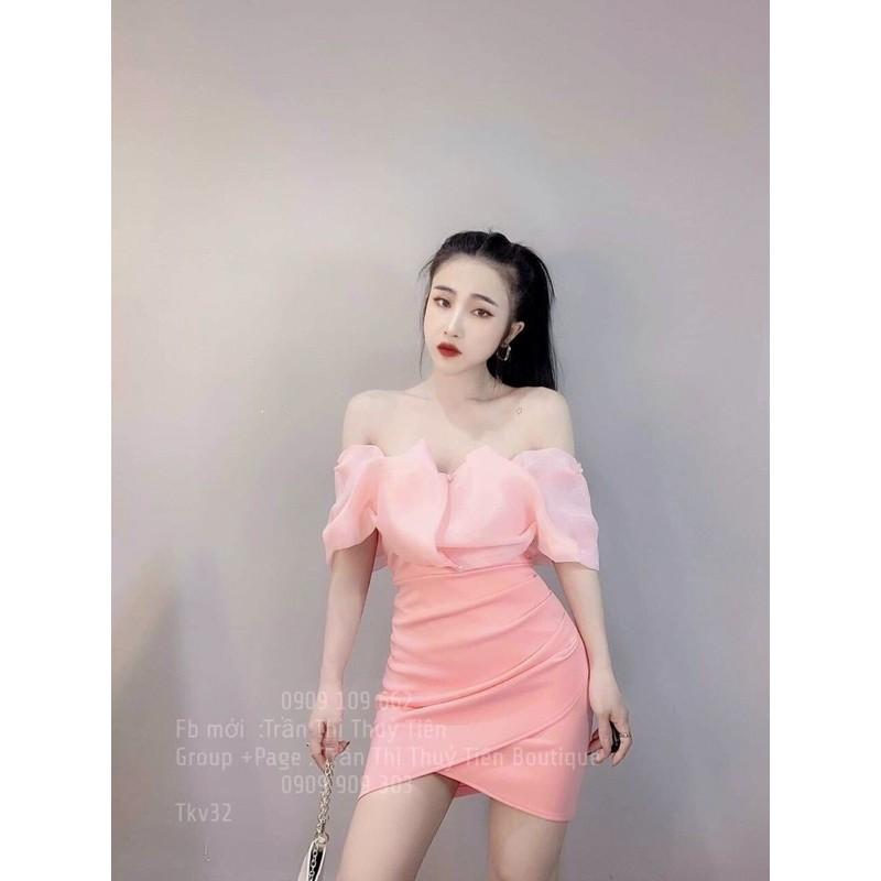 Đầm body trễ vai phối voan kiếng có mút ngực sexy sang chảnh kèm hình thật