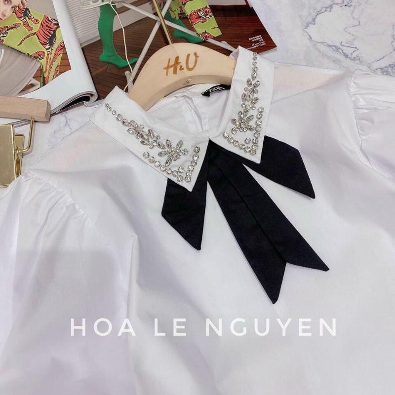 Áo sơ mi trắng trơn đính kết cổ nơ