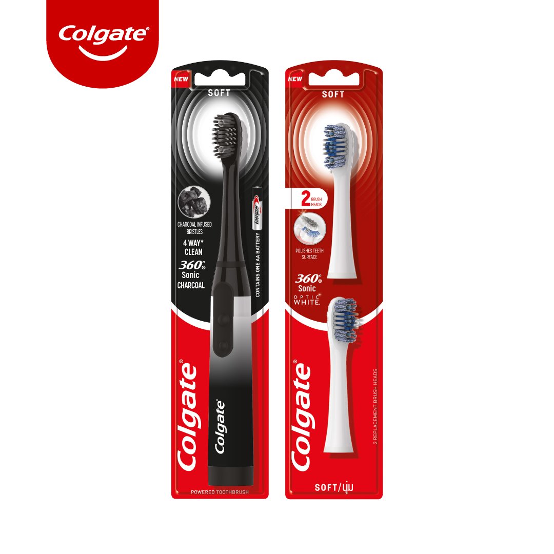 Combo Bàn chải điện Colgate Sonic 360 Charcoal với lông chải phủ than kháng khuẩn và 2 Đầu thay màu trắng lông chải xoắn kép