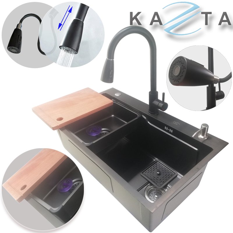 Combo Chậu Rửa Chén Bát Cao Cấp KAZTA KZ-CB7846NR Nano Kháng Khuẩn Tiện Ích Gồm: Chậu Rửa Chén, Vòi Rửa Chén Dây Rút Và Kèm Phụ Kiện