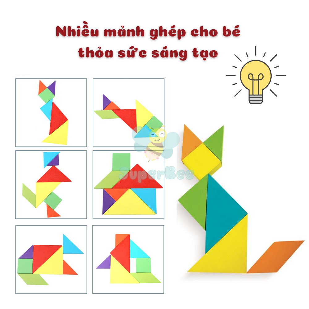 Combo 3 Món Đồ Chơi Gỗ Ghép Hình Con Vật, Ghép Chữ Và Xếp Hình Tangram Cho Bé Sáng Tạo