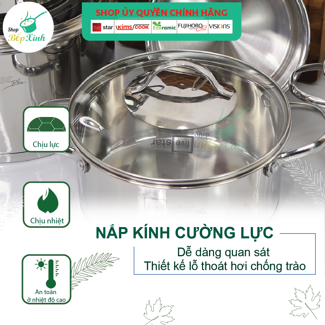 Combo bộ nồi xửng hấp inox cao cấp Fivestar 6 món 3 đáy từ nắp kính , dùng tốt bếp từ , hồng ngoại , gas