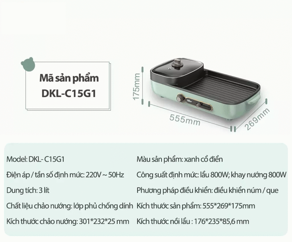 Nồi lẩu nướng 2 ngăn DKL-C15G1 3L