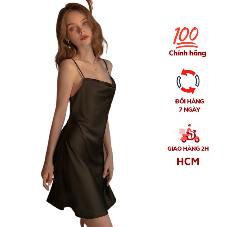 Váy ngủ nữ, váy 2 dây quyến rũ VILADY - V118 kiểu cổ đổ sang chảnh màu đen, chất liệu Lụa Pháp cao cấp