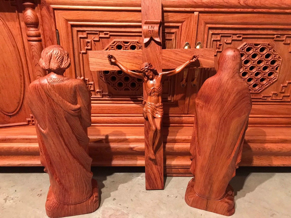 Bộ tượng gia đình thánh gia gỗ hương đá kt cao 50 cm