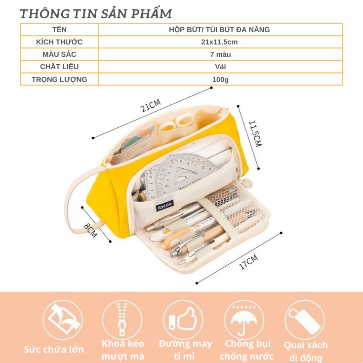 Hộp đựng bút / túi đựng bút đa năng bằng vải cao cấp, nhiều ngăn dành cho học sinh, sinh viên, văn phòng