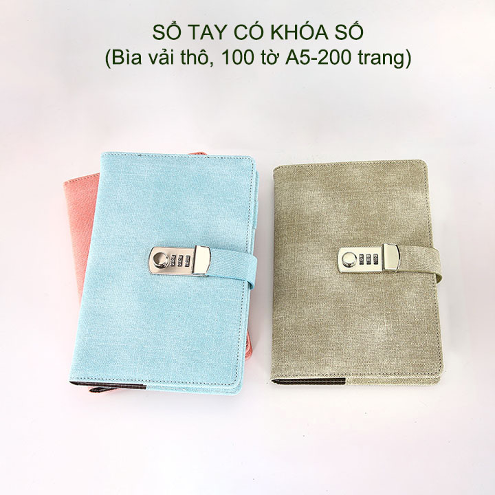 Sổ tay trang bị khóa số khổ A5, 100 tờ, bìa bằng vải thô siêu bền
