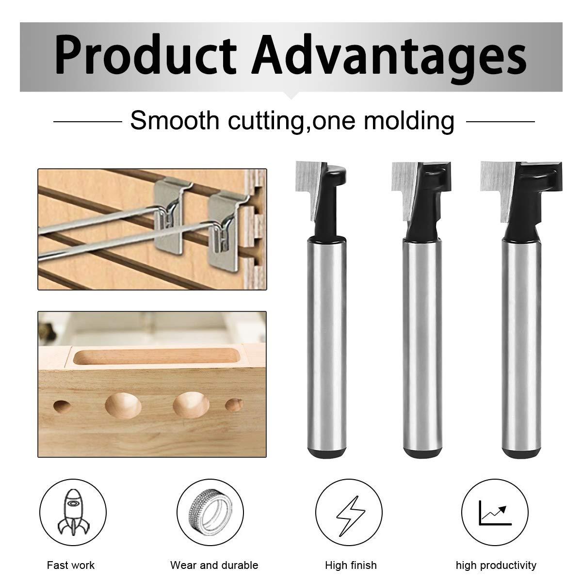 Bit định tuyến khe chữ T 8 mm, Bit định tuyến hình dạng khe chữ T, 3 cái Cán dao có lưỡi Dao cắt chế biến gỗ cho dụng cụ điện Dụng cụ chế biến gỗ