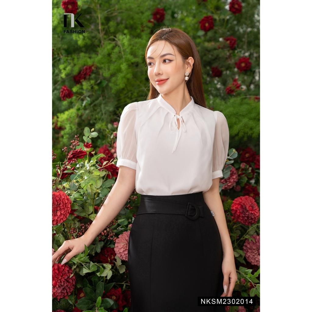 Áo Sơ Mi Tơ Ngắn Tay NK FASHION Thiết Kế Cổ Xếp Điệu Đà Chất Vải Nhập Hàn Không Nhăn Xù NKSM2302014