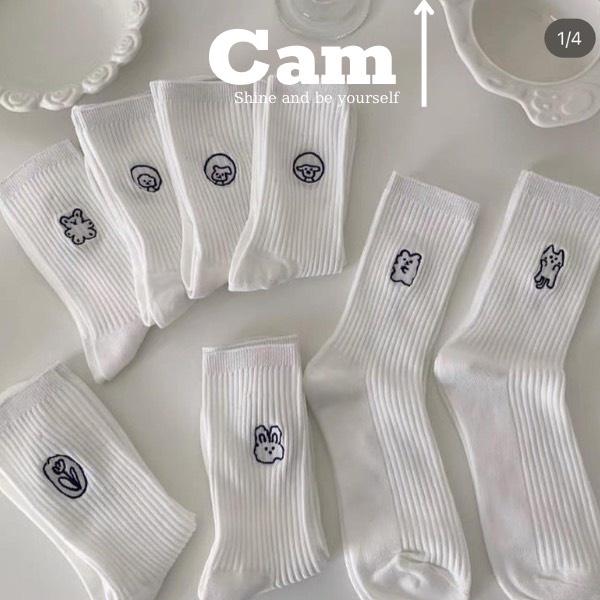 Tất Cao Cổ Nam Nữ Vớ Cao Cổ Thêu Họa Tiết Nhỏ Xinh Chất Cotton Mịn Mát Tất Trắng Lolita Cao Cổ Nữ Camcamvintage
